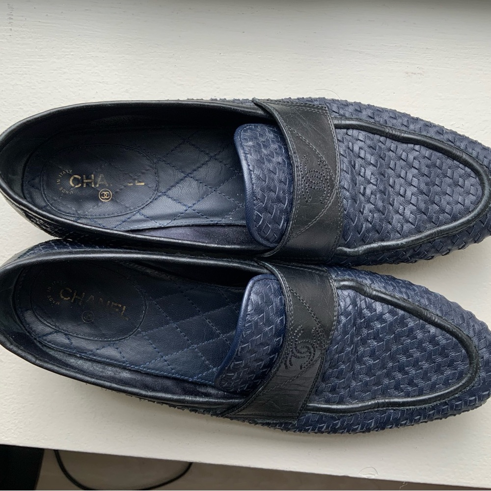 CHANEL Navy Woven Loafers